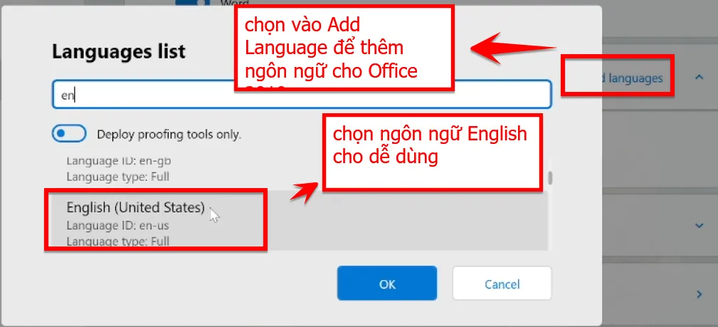 Bạn Chọn Vào Add Language để Thêm Ngôn Ngữ Cho Gói Cài đặt Office 2019