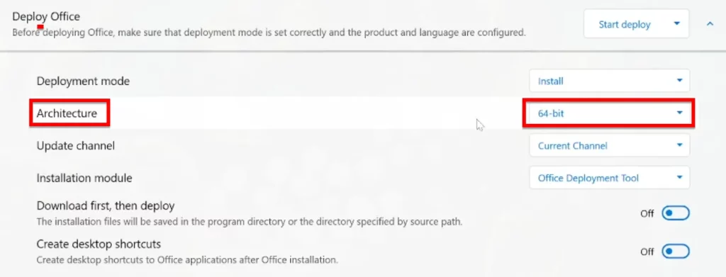 Ở Mục Deploy Office Bạn Chọn Các Tùy Chọn Như Architecture, Update Channel,....