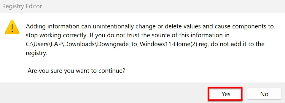 Bạn Chọn Vào Yes để Thay đổi Registry Trên Windows 11