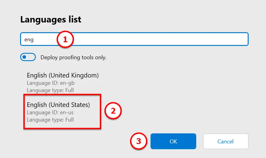 Bảng Language List Hiện Lên Bạn Chọn Vào Ngôn Ngữ để Cài Cho Office